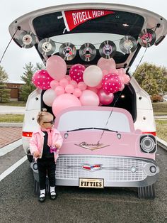 Pink Ladies Grease Trunk Or Treat, Trunk Or Treat Ideas For Cars 50s Theme, Trunk Or Treat Ideas For Cars Fall Theme, 1950s Trunk Or Treat Ideas, Trunk Or Treat Grease Theme, Grease Themed Trunk Or Treat, Sock Hop Trunk Or Treat, 1950s Trunk Or Treat, Barbie Halloween Trunk Or Treat