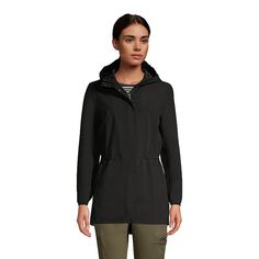 Brave the elements in style wearing this women's Lands' End packable rain coat. Brave the elements in style wearing this women's Lands' End packable rain coat. Packable design fits into own interior pocket Waterproof & windproof shell with sealed seams Attached hood with adjustable bungee cord Snap & zipper closure Long sleeves with elastic cuffs Lined 1 interior, 2 exterior pocketsFIT & SIZING 32-in. approximate length from center back to hem Designed to hit above the knees Inner dr Spring Waterproof Outerwear, Casual Weatherproof Windbreaker, Functional Weatherproof Windbreaker, Black Hooded Raincoat, Packable Rain Jacket, Plus Size Coats, Bungee Cord, Rain Coat, Women's Coats & Jackets