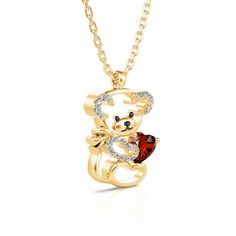 Fall in love with this cute teddy bear necklace that reflect a sweet heart and personality. Fashioned in sterling silver, the cute teddy bear holds a red heart stone and covered with small stones in his ears and arm that gleam wonderfully in the light. This is a very adorable design and lovely gift for teddy bear lovers. It is also an adorable way to say "I love you" to that special someone.Carat Weight: 0.5 ctStone Size: 5*5 mmStone Type: Jeulia® StoneNumber of Stones: 1 Stone Shape: HeartStone Bear Design Pendant Jewelry As Gift, Bear Design Pendant Jewelry For Gifts, Bear Design Pendant Jewelry Gift, Bear Necklace, Gem Necklace, Necklace Online, White Necklace, Cute Teddy Bears, Lovely Necklace