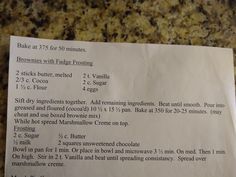 a piece of paper with instructions on how to bake at 45 for 50 minutes