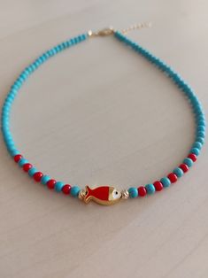 Turquoise and red coral necklace, Enamel fish necklace, turquoise jewelry, red coral jewelry, fish jewelry, friendship necklace, bff gift Red Turquoise Jewelry, Handmade Turquoise And Red Coral Necklace As Gift, Handmade Turquoise Necklace With Red Coral For Gift, Colorful Beads Red Coral Necklace Gift, Red Coral Necklaces For Gifts, Red Coral Necklace With Lobster Clasp For Gift, Red Coral Necklace With Lobster Clasp As Gift, Handmade Turquoise Necklace With Red Coral, Handmade Red Turquoise Necklace As Gift