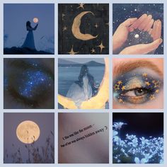 the collage shows different images with stars, moon and woman's face on them