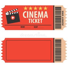 two red cinema tickets with the word cinema ticket written in black and white on them