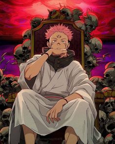 an anime character sitting in a chair with skulls on the floor and behind him is a skeleton head