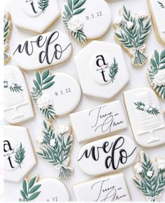 wedding cookies decorated with greene and calligraphy