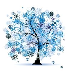 a tree with snowflakes and ornaments around it