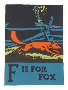 an image of a fox laying on the ground next to a sign that says f is for fox