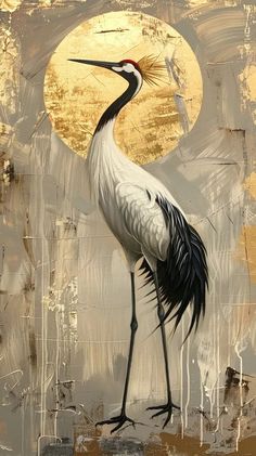 a painting of a crane standing in front of a full moon with gold paint on it