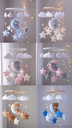 the baby crib mobile is made with stars and clouds