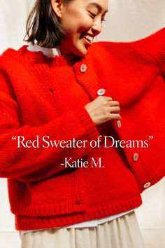 Sheba knit Cardigan Sweater in Habanero red by Nikki Chasin with the customer quote, "Red Sweater of Dreams" placed over the image. Trendy Red Knit Cardigan, Red Hand Knitted Long Sleeve Cardigan, Chunky Cardigan Sweater, Oversized Red Chunky Knit Cardigan, Grandma Vibes, Red Long Sleeve Cardigan With Textured Knit, Red Textured Knit Long Sleeve Cardigan, Chunky Sweater Cardigan, Machine Knit