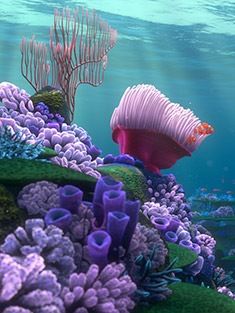 an underwater scene with colorful corals and seaweed