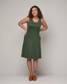 Flora Merino Wool Tank Dress - Thyme - wool& Flowy A-line Sundress For Dress Down Occasions, Stretch Midi Sundress, Flattering Midi Dress With Fitted Bodice, Summer Dresses With Flowy, Flattering Silhouette, Flowy Summer Dresses With Flattering Silhouette, Casual A-line Mini Dress With Fitted Bodice, Flattering Fitted Mid-length Dress, Green Mid-length Sundress, Green Mid-length Dress Down