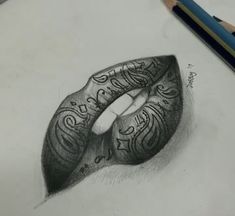 a pencil drawing of a mouth with tattoos on it