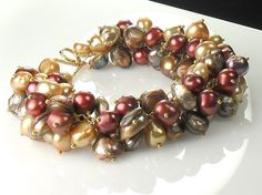 Brown Freeform Freshwater Pearl Vermeil Cluster by MiShelli, $196.00 Elegant Brown Jubilee Bracelet, Elegant Brown Beaded Bracelets, Gold Pearl Bracelet, Cluster Bracelet, Chunky Pearls, Cluster Bracelets, Freshwater Pearl Jewelry, Pearl Cluster, Designer Fashion Jewelry