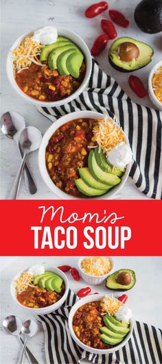 three bowls of taco soup with avocado, tomatoes and sour cream on the side