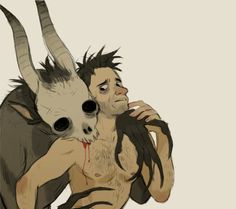 a drawing of a man with horns on his head hugging another man's face