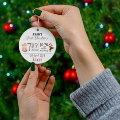 a person holding up a christmas ornament in front of a tree with ornaments