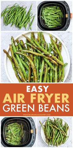 air fryer green beans on a white plate with the words easy air fryer green beans