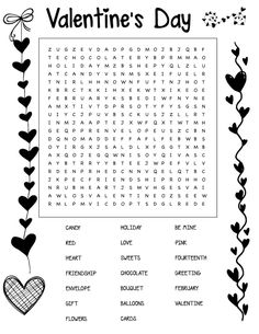 valentine's day word search page with hearts, flowers and butterflies in black and white