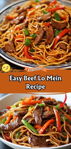 an easy beef lo mein recipe is shown in two separate pictures, with the same noodles