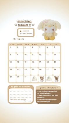 a calendar with an image of a stuffed animal on the front and back cover, as well as information about each month