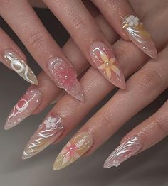 Flower Press On Nails, Almond Flower, Mcbling Fashion, Classy Acrylic, Aesthetic Nail, Flower Press, Nail Art Glitter, Anime Nails, Basic Nails