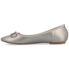 The Vika by Journee Collection is a classical ballet flat with a timeless look. It features a tiny bow and a round-toe, adding a touch of femininity to the design. The flat also has a wide-width footbed and a padded insole, making it comfortable to wear all day long, while the vegan leather construction adds durability to its style. Elegant Ballet Flats For Spring Party, Spring Formal Silver Ballet Flats, Spring Silver Formal Ballet Flats, Elegant Slip-on Ballet Flats For Spring, Feminine Ballet Flats For Evening, Elegant Spring Ballet Flats With Bow, Silver Pointed Toe Ballet Flats For Spring, Chic Silver Closed Toe Ballet Flats, Elegant Spring Ballet Flats With Round Toe