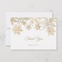 gold foil snowflakes on white thank card