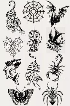 the different types of tattoos are shown in black and white, including spider webs