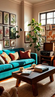 a living room with blue couches and pictures on the wall above them, along with a coffee table