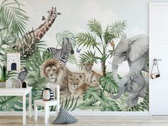 Murwall Kids Wallpaper Tropical Wall Mural Animals Wallpaper Leaf Wall Mural Nursery Kids Room Tropical Mural, Kids Room Wall Murals, Animal Kids Room, Safari Room, Safari Wallpaper, Removable Wall Art, Kids Room Murals, Nursery Wall Murals