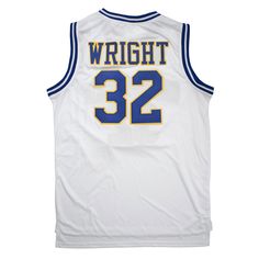 a white basketball jersey with the number 32 on it, which reads wright 32 in blue and