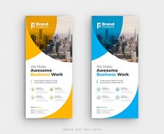 two vertical business banners with blue, yellow and white shapes on the bottom one has a cityscape in the background