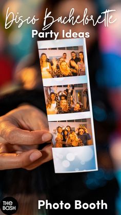 a person holding up some photos with the words bosco bachelor party ideas on it