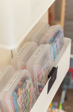 Don't miss these playroom storage ideas (with toy closet!) -- from the Elfa playroom closet to the organization ideas within the playroom! Arts And Crafts Wall Storage, Playroom Art Supply Storage, Kids Toy Closet Organization, Toddler Craft Storage, Kids Art Supplies Organization, Coloring Storage Ideas For Kids, Toy Cabinet Organization, Kids Craft Closet Organization, Pencil Box Organization