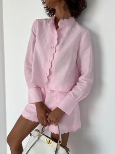 Collarless Shirt, Pajama Fashion, Casual Long Sleeve Shirts, Tops Casual, Online Fashion Boutique, Pink Linen, Powder Pink, Linen Shorts, Looks Style