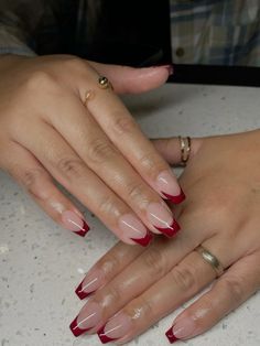 Coffin short nails Coffin Nails Red French Tip, Medium Red French Tip Nails, Wine Red Nails Coffin, Red French Tip Nails Coffin Medium, Short Nail Designs Dark Red, Simple Christmas Nails Coffin Shape, Red French Coffin, Nail Inspo Coffin Red, Nails Coffin Red