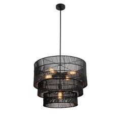 a black chandelier with five lights hanging from it's center and two circular shades