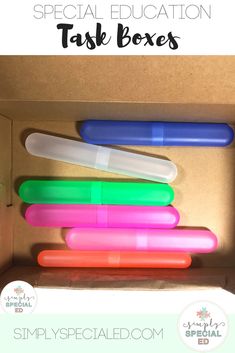 an open box with five different colored pens in it and the text special education task boxes