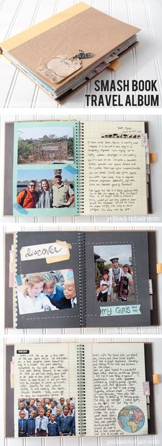 the inside pages of a small book with pictures on them and text that reads smash book travel album