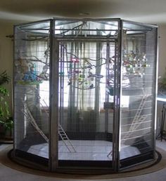 a room with a large cage in it