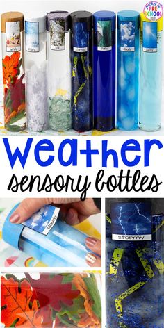 a collage of different types of water bottles with text overlay that reads, weather sensory bottles