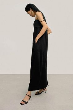 Jezebel Cocoon Straight Across Neck Crepe Ankle Length Dress | MEAN BLVD Elegant Black H-line Dress, Sleek Solid Maxi Dress, Sleek Maxi Dress For Work, Chic A-line Viscose Maxi Dress, Sleek A-line Maxi Dress For Formal Events, Black H-line Midi Dress For Formal Occasions, Black Maxi Dress With Side Slits For Work, Sleek A-line Maxi Dress For Evening, Silk Maxi Dress In Solid Color