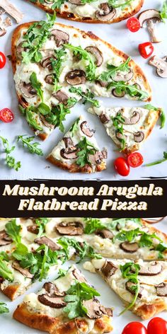 mushroom and arugula flatbread pizza with cherry tomatoes