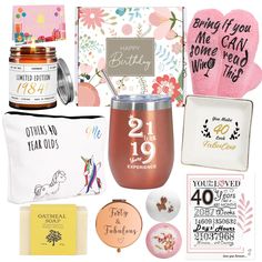 the contents of a birthday gift set including a wine glass, napkins and other items