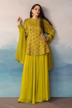 Shop for Ease Green Viscose Organza Embroidered Kurta Palazzo Set for Women Online at Aza Fashions Ruffle Dupatta, Kurta Palazzo Set, Peplum Styles, Sharara Set, Organza Dupatta, Embroidered Neckline, Kurta Set, Powder Blue, Set For Women