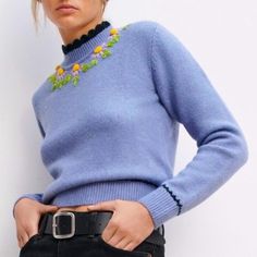 New Zara Womens Sweater Sz Medium New Without Tags Mock Neck Sweater Periwinkle Blue Purple Color Floral Embroidered Applique Around Neck Daisy Sunflowers Black Scallop Trim Detail Soft Stretch Knit Feminine Fun Sweater New Without Tags Blogger Favorite Fun Sweater, Scallop Trim, Womens Sweater, Embroidered Applique, Periwinkle Blue, Cool Sweaters, Mock Neck Sweater, Trim Detail, Purple Color