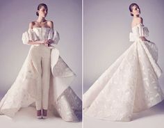 two photos of a woman in white wedding gowns, one is wearing an off the shoulder dress