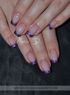 French Manicure With Purple Tips, French Tip Nails Purple Glitter, Purple Glitter French Nails, Purple Nail Tips French Manicures, Purple Nail Art Designs French Tips, Purple French Tips Square, French Tips Purple, Dark Purple French Nails, Short Purple French Tip Nails