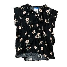 Beautiful New Top! Floral Print. Soft And Flowy. Split Neck With Accent Strings. Perfect With Jeans And Booties Or Dress It Up With A Pretty Maxi Skirt! Excellent New Condition Black Flutter Sleeve Tops For Spring, Casual Black Top With Flutter Sleeves, Black Flutter Sleeve Fitted Blouse, Decorative Ladder, Crochet Long Sleeve Tops, Black Poppy, Black Floral Blouse, Tie Dye Cotton, Orange Blouse